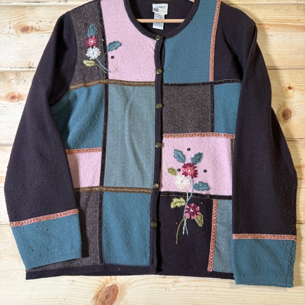 Koret Patchwork Cardigan Sweater‎ Wool Blend Floral Applique Size Medium Vintage